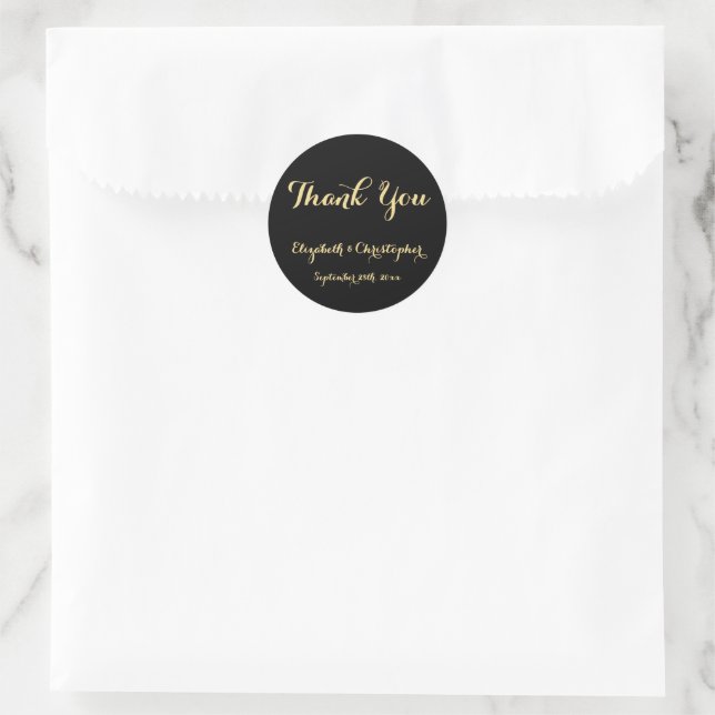 Sticker Rond Le Merci Mariage élégant Black Gold Script favoris (Sac)