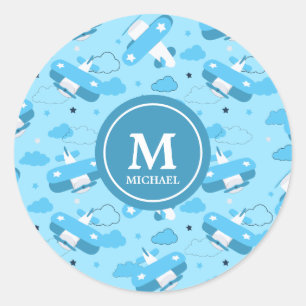Sticker Rond Le monogramme de Cute White & Blue Planes et des e