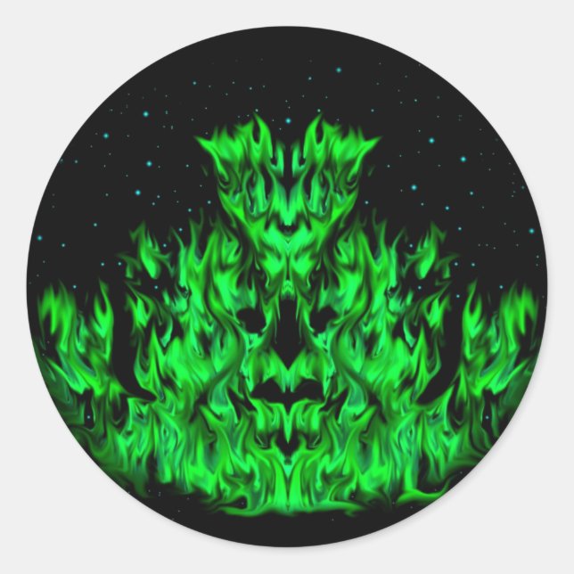 Sticker Rond Le Monstre de la flamme verte dans le ciel étoilé (Devant)