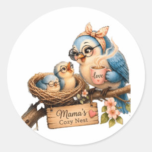 Sticker Rond Le nid douillet de maman – Oiseau mère et bébé aut