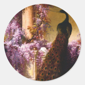 Sticker Rond Le paon et les colombes dans un jardin