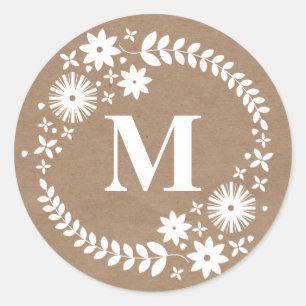 Sticker Rond Le papier Brown de monogramme blanc de guirlande a