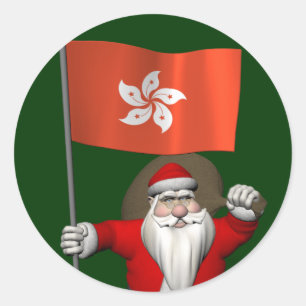 Sticker Rond Le Père Noël Avec L'Ensigne De Hong Kong