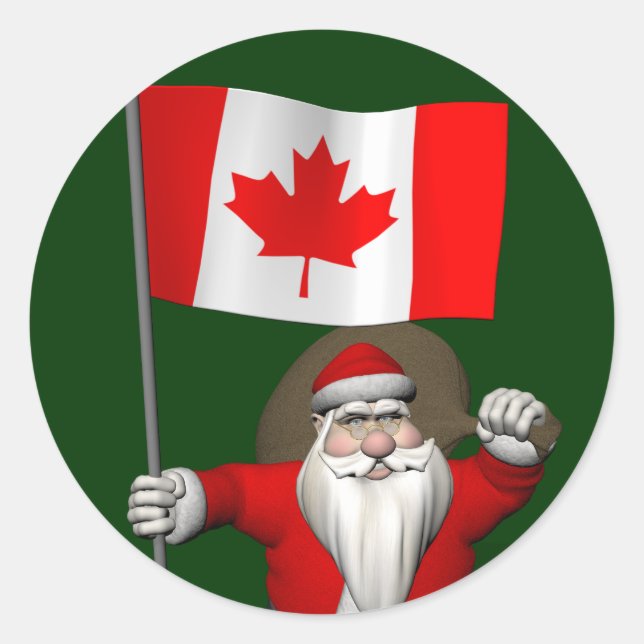 Sticker Rond Le Père Noël Avec L'Ensigne Du Canada (Devant)