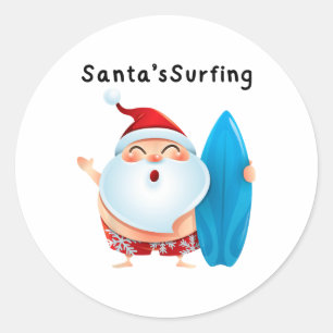 Sticker Rond Le Père Noël fait du surf à Noël en juillet Xmas H