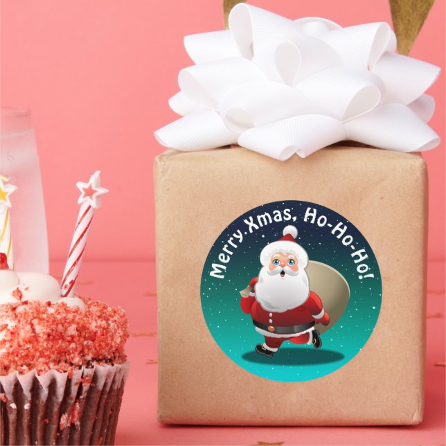Sticker Rond Le père noël heureux avec un sac plein des cadeaux (Fête)