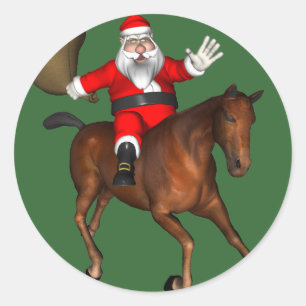 Sticker Rond Le Père Noël Monte Un Cheval Brown