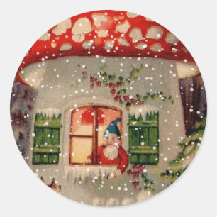 Sticker Rond Le Père Noël vintage Gnome Dans La Maison Des Cham