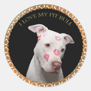 Sticker Rond Le pitbull blanc avec le rouge embrasse partout