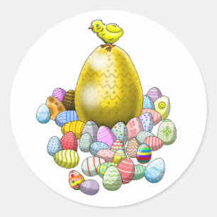 Sticker Rond Le poussin de Pâques et l'œuf de Pâques en or