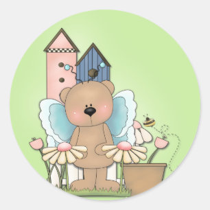 Sticker Rond Le Printemps A Sprung, Adorable Ours De Papillon