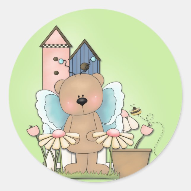 Sticker Rond Le Printemps A Sprung, Adorable Ours De Papillon (Devant)