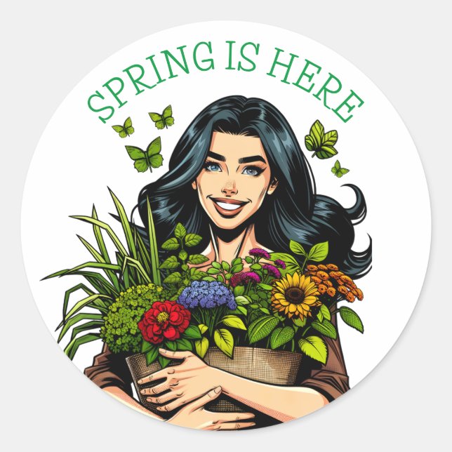 Sticker Rond Le printemps est là | Dame avec Armful des Plantes (Devant)