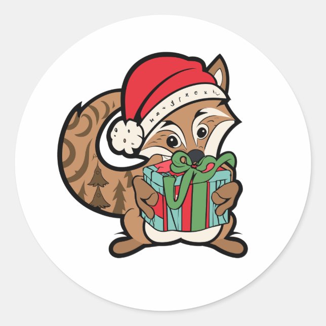 Sticker Rond Le Renard Festif et son cadeau (Devant)