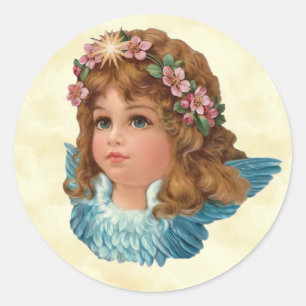 Sticker Rond Le rose vintage d'ange fleurit Blue Wings