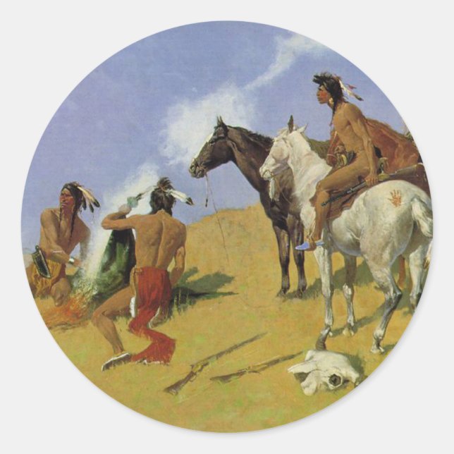 Sticker Rond Le signal de fumée ~ Frederic Remington (Devant)