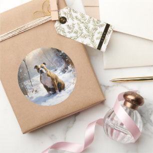 Sticker Rond Le Staffordshire Américain Laisser Neige Noël