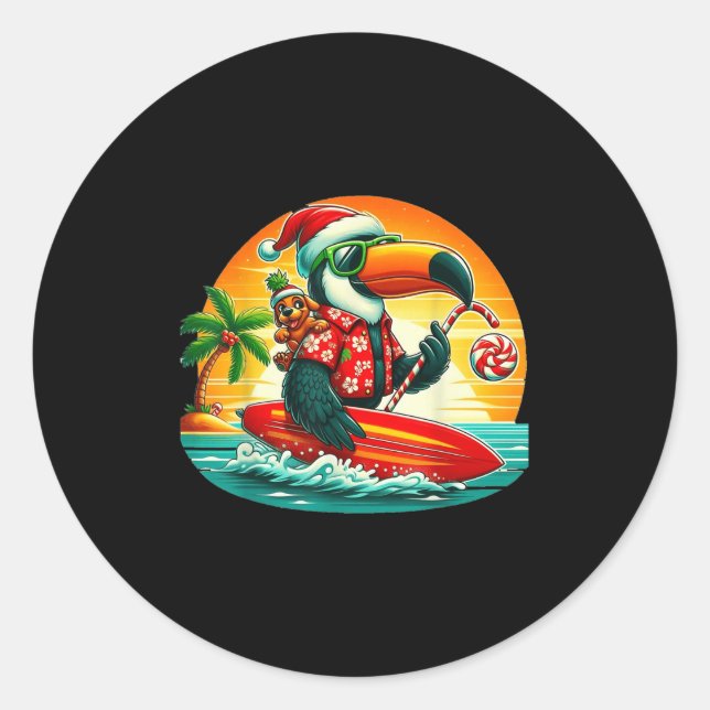 Sticker Rond Le Surf Père Noël Toucan Et Drôle Chien Trocal Chr (Devant)