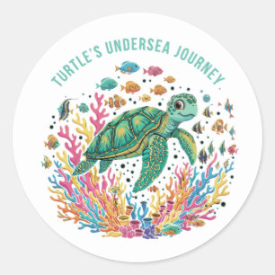 Sticker Rond Le Voyage Sous-Marin de la Tortue Mignonne   Océan