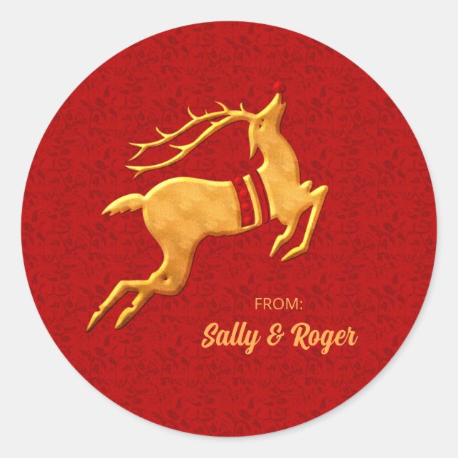 Sticker Rond Leaping Golden Reindeer sur Red Holiday (Devant)