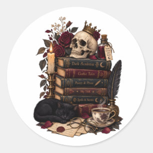 Sticker Rond Lecteur gothique, bibliophile, crâne et roses litt