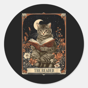 Sticker Rond Lecteur Tarot Card Cat Lecture Livre Floral Moon