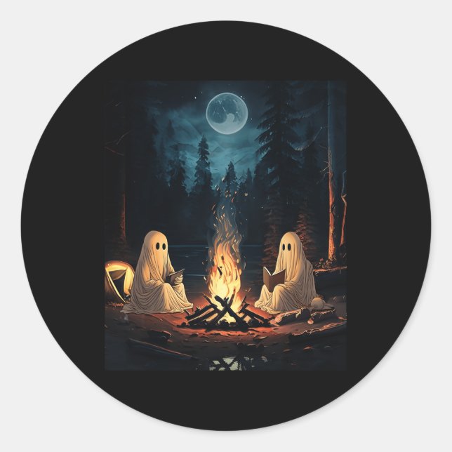 Sticker Rond Lecture du livre d'Halloween Ghost Forest Camping  (Devant)