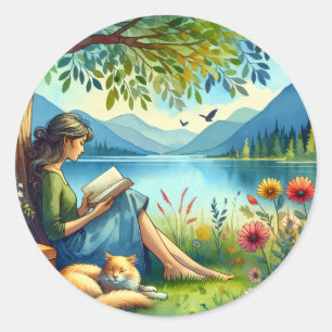 Sticker Rond Lecture d'un livre sous un arbre avec un chat endo