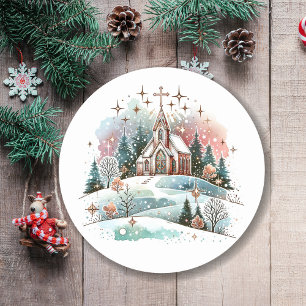 Sticker Rond L'église aquarelle pour Noël d'hiver
