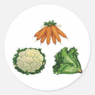 Sticker Rond Légumes Anciens; Carottes, Chou-fleur, Laitue