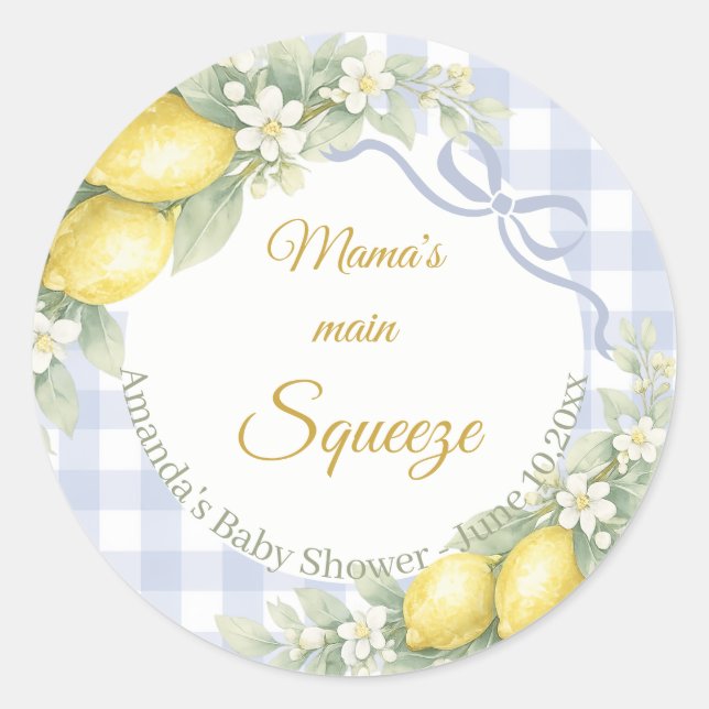 Sticker Rond Lemon blue gingham mama's main squeeze Baby Shower (Devant)