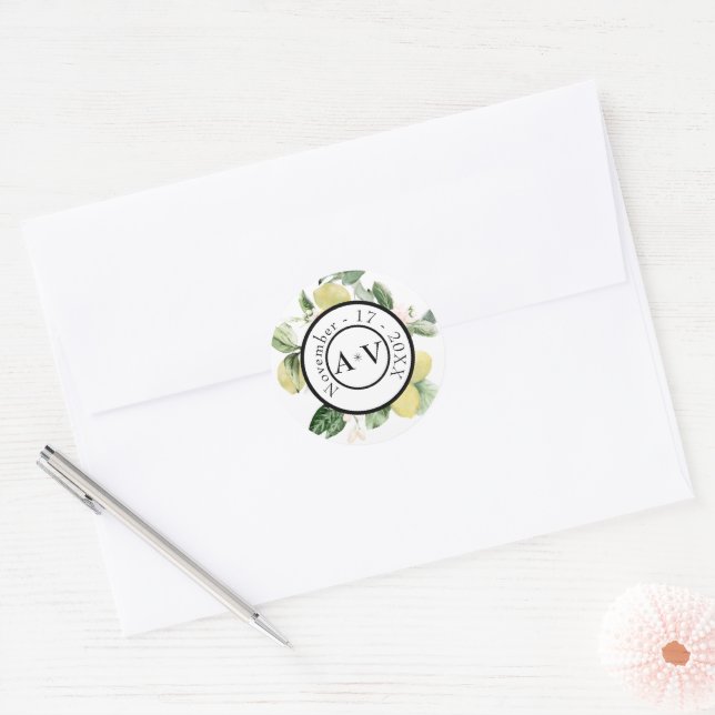 Sticker Rond Lemon Garden Floral Monogramme Mariage blanc (Enveloppe)