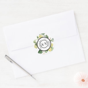 Sticker Rond Lemon Garden Floral Monogramme Mariage blanc