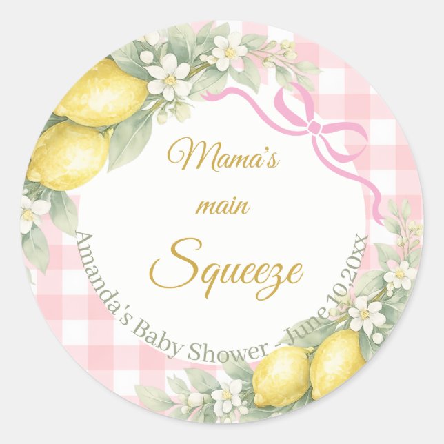 Sticker Rond Lemon pink gingham mama's main squeeze Baby Shower (Devant)