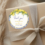 Sticker Rond Lemon-Themed Mediterranean Tile Wedding<br><div class="desc">Celebrate your special day with this cute Mediterranean-style wedding design, featuring traditional Italian tiles adorned with vibrant lemons and lush greenery. Perfect for a rustic, coastal, or Amalfi-inspired wedding, this elegant design captures the charm of Southern Italy with its intricate patterns and fresh citrus elements. Fully customizable with your wedding...</div>