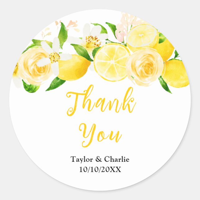 Sticker Rond Lemons and Foliage Wedding Thank You (Devant)