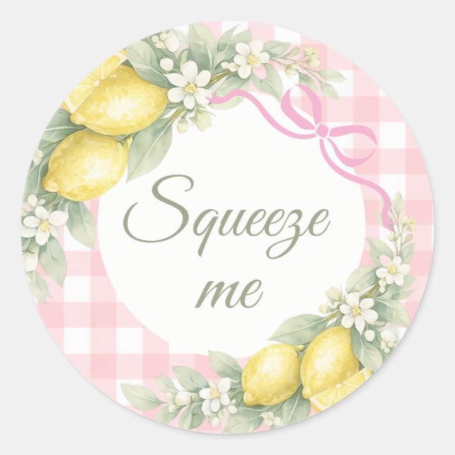 Sticker Rond Lemons pink gingham squeeze me party favor (Devant)