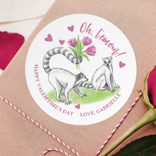 Sticker Rond Lemur avec Tulipes Amour romantique Amour Amoureux