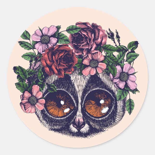 Sticker Rond Lémur de fleurs doux (Devant)