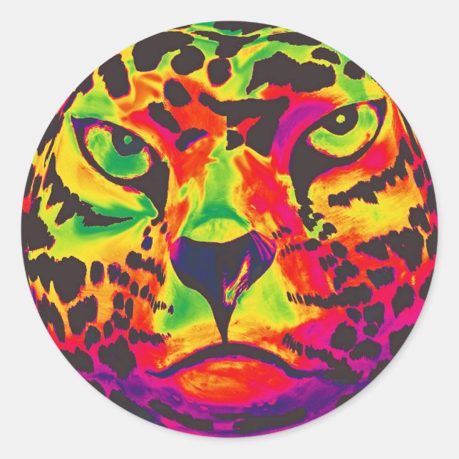 Sticker Rond Leopard - Arrière Noir, Style Arc-en-ciel (Devant)