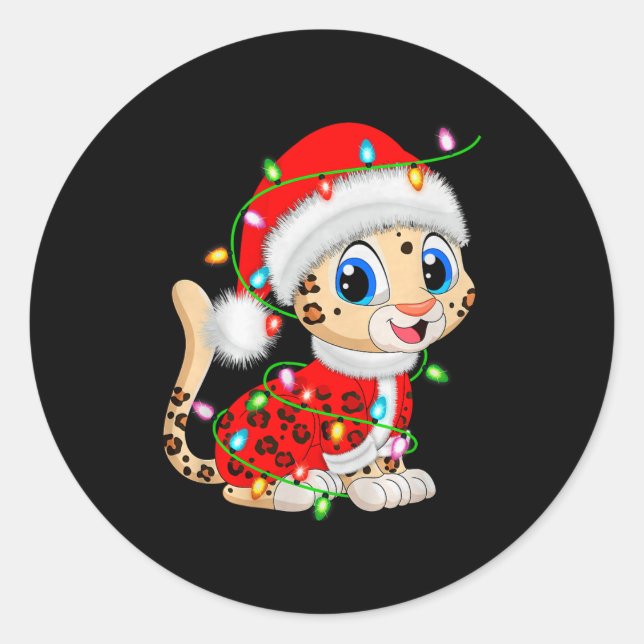 Sticker Rond Leopard Christmas Lights Santa Costume Cute Animal (Devant)