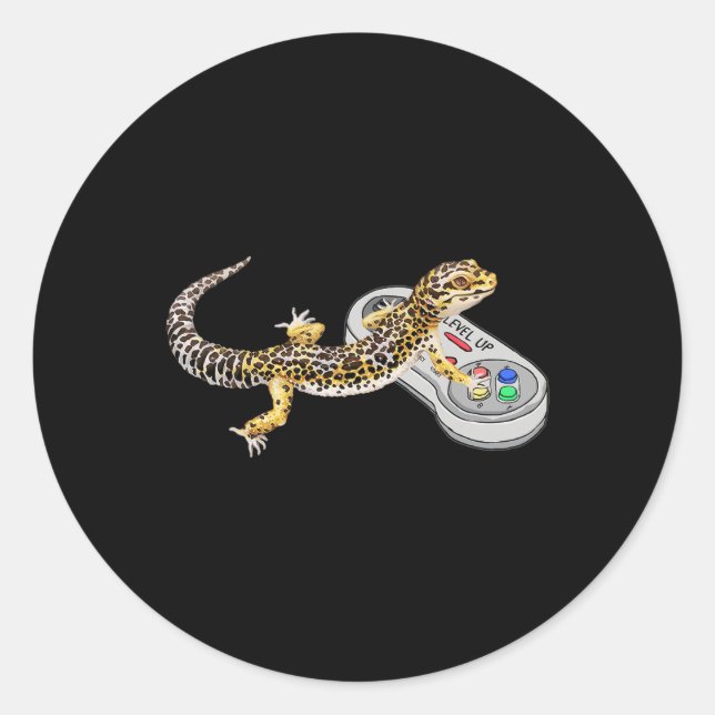 Sticker Rond Leopard Gecko Playing Video Game Lizard And Reptil (Devant)