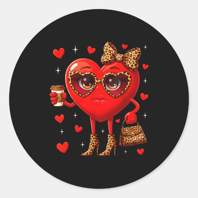 Sticker Rond Leopard Heart Drinking Coffee Valentines Day Women (Devant)