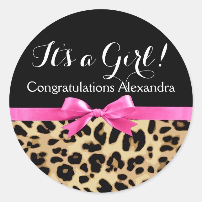 Sticker Rond Leopard Hot rose Bow C'est un Baby shower Safari f (Devant)