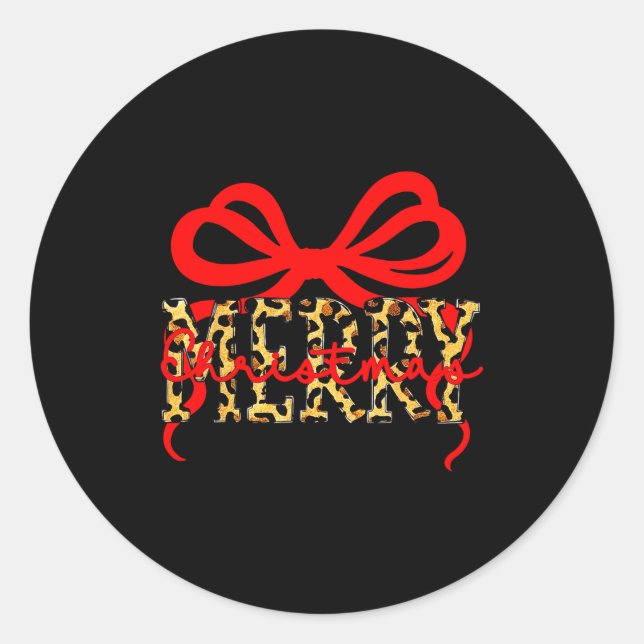 Sticker Rond Leopard Merry Christmas Coquette Bow Xmas Holiday  (Devant)