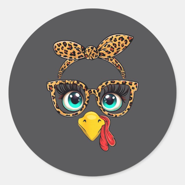 Sticker Rond Leopard Print Thanksgiving Funny Turkey Face Gles  (Devant)