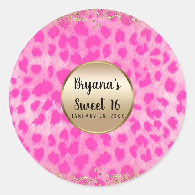Sticker Rond Léopard Rose Imprimé Guépard Paillettes Dorées Mon (Devant)