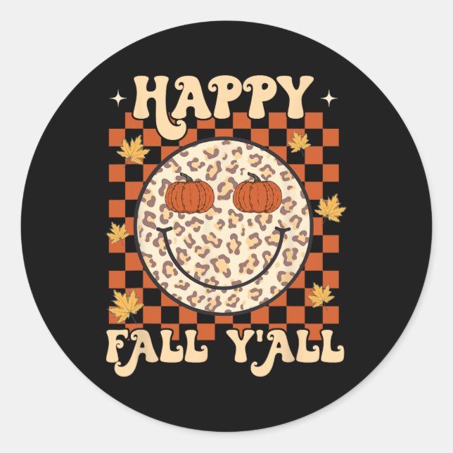 Sticker Rond Leopard Smile Face Happy Fall Y'all Retro Super A (Devant)