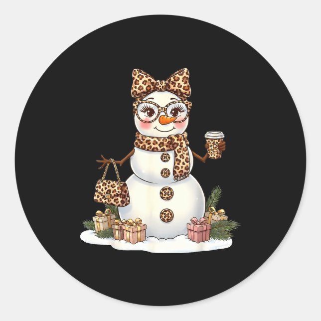 Sticker Rond Leopard Snowman With Sungles Funny Christmas Women (Devant)