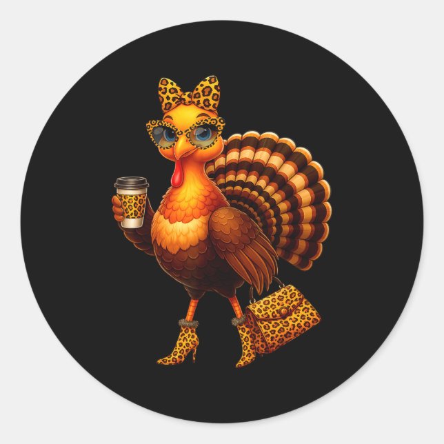 Sticker Rond Leopard Turkey Drinking Coffee Thanksgiving Women  (Devant)